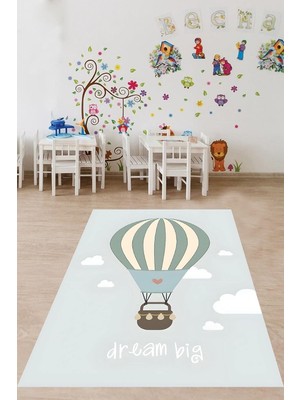 Uravas Store Pelangi Bulut ve Uçan Balon Temalı Yıkanabilir Kaymaz Taban Leke Tutmaz Çocuk Odası Halısı, Mavi 80 x 600