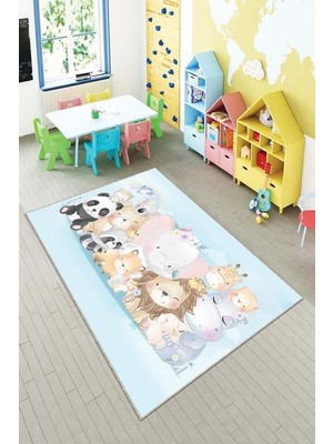 Uravas Store Pelangi Mavi Hayvan Desenli Yıkanabilir Kaymaz Taban Leke Tutmazbebek ve Çocuk Odası Halısı, Açık Mavi 130 x 180, 901357053130180