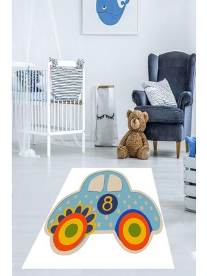 Uravas Store Pelangi Araba Desenli Dijital Baskı Yıkanabilir Kaymaz Taban Çocuk Odası Halısı, Mavi-Beyaz 120 x 180