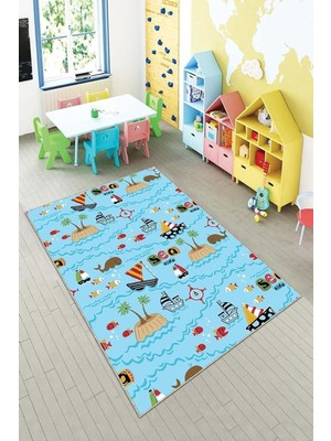 Uravas Store Pelangi Mavi Denizci Desenli Yıkanabilir Kaymaz Taban Leke Tutmazbebek ve Çocuk Odası Halısı, Çok Renkli 160 x 250
