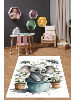 Uravas Store Pelangi Çiçekli Bebek Fil Dijital Baskı Yıkanabilir Kaymaz Taban Leke Tutmaz Çocuk Odası Halısı, Gri-Beyaz-Mavi 100 x 200, 7642014710020005