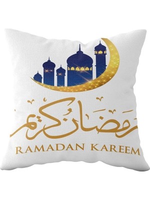 Uravas Store Pelangi Ramadan Mubarak Camili Çift Taraflı Gizli Fermuarlı Yastık Kılıfı Kırlent Koltuk Yastık Kılıfı, Beyaz-Gold-Mavi 43 x 43