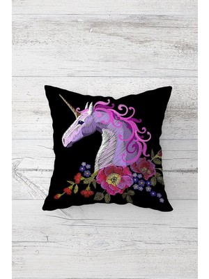 Uravas Store Pelangi Ünicorn At Desenli Çift Tarafı Baskılı Gizli Fermuarlı Yastık Kılıfı Kırlent Koltuk Yastık Kılıfı, Siyah 45 x 45