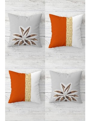 Uravas Store Pelangi Lotus Çiçeği ve Gold Şeritli Kombin Gizli Fermuarlı Kırlent Kılıfı Koltuk Yastık Kılıfı TAKIM(4ADET), Gold-Turuncu 45 x 45