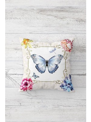 Uravas Store Pelangi Vintage Kelebekli Çiçekli Çift Taraflı Gizli Fermuarlı Yastık Kılıfı Kırlent Koltuk Yastık Kılıfı, Lacivert-Beyaz 45 x 45, 2469102845451