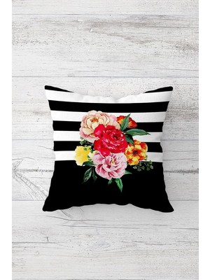 Uravas Store Pelangi Ziyah Beyaz Çizgi Üzeri Çiçekler Çift Tarafı Baskılı Gizli Fermuar Kırlent Koltuk Yastık Kılıfı, Siyah-Kırmızı 45 x 45
