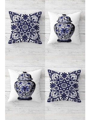 Uravas Store Pelangi Çini Desenli Çini Vazolu Gizli Fermuarlı Kırlent Kılıfı Koltuk Yastık Kılıfı TAKIM(4ADET), Beyaz-Lacivert 45 x 45