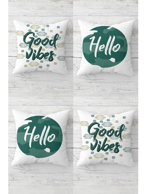 Uravas Store Pelangi Good Vibes Hello Yazılı Gizli Fermuarlı Kırlent Kılıfı Koltuk Yastık Kılıfı TAKIM(4ADET), Yeşil-Beyaz 43 x 43