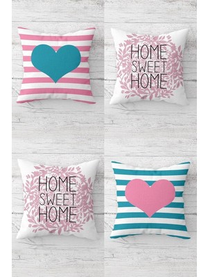 Uravas Store Pelangi Kalp ve Home Sweet Home Yazılı Gizli Fermuarlı Kırlent Kılıfı Koltuk Yastık Kılıfı Takım 4 Adet, Pembe-Turkuvaz 45 x 45