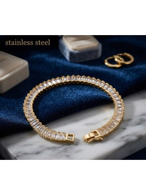 Stainless Steel Gold Renk Zirkon Baget Taşlı Çelik Bileklik