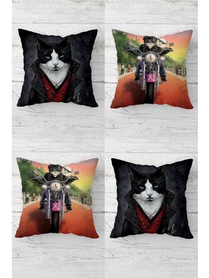Uravas Store Pelangi Karizma Kedi Motorlu Kedi Desen Gizli Fermuarlı Kırlent Kılıfı Koltuk Yastık Kılıfı TAKIM(4ADET), Gri-Kiremit 45 x 45