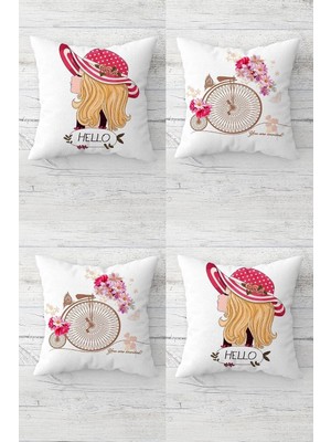 Uravas Store Pelangi Hello Diyen Genç Kız ve Bisiklet Gizli Fermuarlı Kırlent Kılıfı Koltuk Yastık Kılıfı TAKIM(4ADET), Pembe-Fuşya-Beyaz 45 x 45