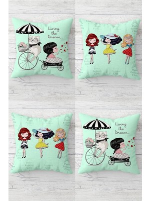 Uravas Store Pelangi Sevimli Arkadaşlar ve Kedi Desen Gizli Fermuarlı Kırlent Kılıfı Koltuk Yastık Kılıfı TAKIM(4ADET), Turkuvaz 45 x 45
