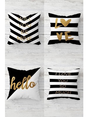 Uravas Store Pelangi I Love You Hello Mesajlı Gizli Fermuarlı Kırlent Kılıfı Koltuk Yastık Kılıfı TAKIM(4ADET), Siyah-Beyaz 45 x 45