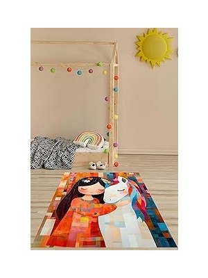 Uravas Store Pelangi Renk Geçişli Tek Boynuzlu At ve Kız Yıkanabilir Kaymaz Taban Leke Tutmaz Çocuk Odası Halısı, Beyaz-Turuncu 130 x 180