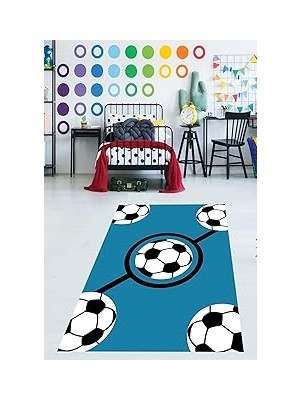 Uravas Store Pelangi Futbol Topu Desenli Mavi Yıkanabilir Kaymaz Taban Leke Tutmaz Çocuk Odası Halısı, Mavi-Siyah-Beyaz 80 x 250, 9038680032280250