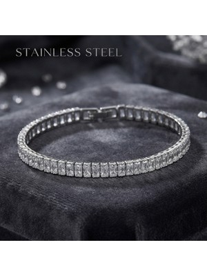 Stainless Steel Gümüş Renk Zirkon Baget Taşlı Çelik Bileklik