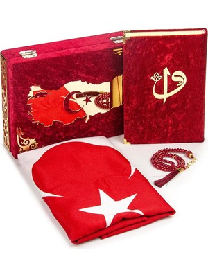 Uravas Store Ihvan Online Tükiye Bayraklı Kadife Kaplı Kutu ve Kuranı Kerim Seti