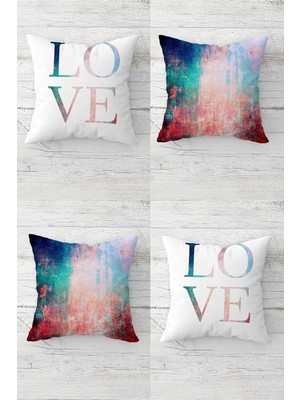 Uravas Store Pelangi Love Yazılı Batik Desenli Gizli Fermuarlı Kırlent Kılıfı Koltuk Yastık Kılıfı TAKIM(4ADET), Mavi-Kırmızı-Beyaz 45 x 45