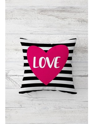 Uravas Store Pelangi Love Yazılı Kalın Çizgili Çift Tarafı Baskılı Gizli Fermuarlı Kırlent Koltuk Yastık Kılıfı, Fuşya-Beyaz 45 x 45