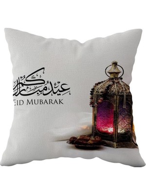 Uravas Store Pelangi Eid Mubarek Beyaz Zemin Dekoratif Çift Taraflı Gizli Fermuar Kırlent Koltuk Yastık Kılıfı, Beyaz 43 x 43