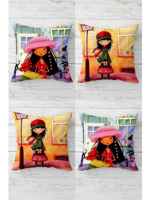Uravas Store Pelangi Yolculuk Yapan Şapkalı Kız Gizli Fermuarlı Kırlent Kılıfı Koltuk Yastık Kılıfı TAKIM(4ADET), Turuncu - Mavi 45 x 45