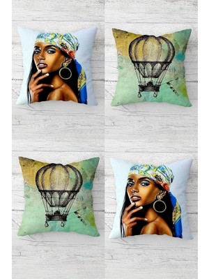 Uravas Store Pelangi Uçan Balon ve Afrikalı Kadın Desen Gizli Fermuarlı Kırlent Kılıfı Koltuk Yastık Kılıfı TAKIM(4ADET), Su Yeşili-Mavi 45 x 45