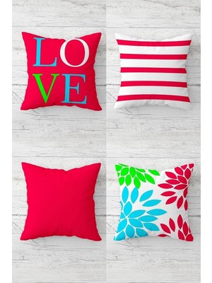 Uravas Store Pelangi Love Yazılı Çiçekli ve Enine Çizgili Gizli Fermuar Kırlent Kılıfı Koltuk Yastık Kılıfı TAKIM(4ADET), Fuşya-Beyaz 45 x 45