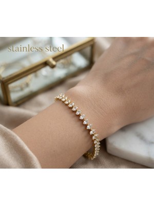 Stainless Steel Gold Renk Zirkon Taşlı Mekik Model Çelik Bileklik