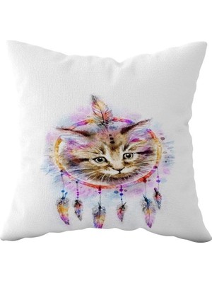 Uravas Store Pelangi Bohem Tüylü Kedi Desenli Çift Taraflı Gizli Fermuarlı Yastık Kılıfı Kırlent Koltuk Yastık Kılıfı, Beyaz-Kahverengi 43 x 43