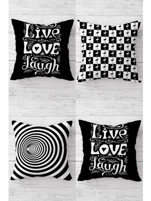 Uravas Store Pelangi Live Love Laugf Fikamongo Desen Gizli Fermuarlı Kırlent Kılıfı Koltuk Yastık Kılıfı TAKIM(4ADET), Beyaz-Siyah 45 x 45
