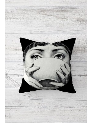 Uravas Store Pelangi Fornasetti Figürlü Çift Tarafı Baskılı Gizli Fermuarlı Yastık Kılıfı Kırlent Koltuk Yastık Kılıfı, Antrasit-Gri 45 x 45