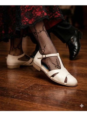Bitangosu Swıngtıme – T-Strap Swıng-Lindy Hop- Dans Ayakkabısı (Beyaz Deri)