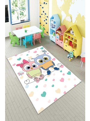 Uravas Store Pelangi Beyaz Kalp ve Kuş Deseni Yıkanabilir Kaymaz Taban Leke Tutmazbebek ve Çocuk Odası Halısı, Beyaz-Mavi 120 x 160, 901357098120160