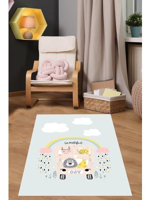 Uravas Store Pelangi Gökkuşaklı ve Bulutlu Beautiful Day Yazılı Yıkanabilir Kaymaz Taban Leke Tutmaz Çocuk Odası Halısı, Mavi-Pembe 100 x 150, 9038680150100150