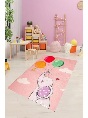 Uravas Store Pelangi Fil Desenli Dijital Baskılı Kaymaz Taban Çocuk Odası Halısı, Pudra-Lacivert 100 x 100