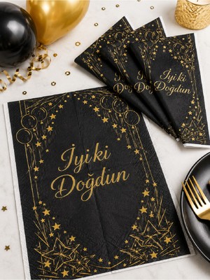 Bkmc Iyi Ki Doğdun Peçetesi | Siyah Gold Doğum Günü Peçetesi | Yıldız ve Balon Temalı Parti Peçetesi Doğum Günü Parti Seti Süsü