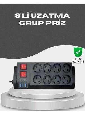 Shopwave Akım Korumalı 8’li Priz 3 Usb’li Uzatma Kablosu Isıya Dayanıklı 2 Metre