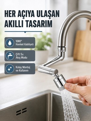 Renas Store 2 Modlu 1080° Dönebilen Musluk Başlığı Esnek 3 Eklemli Hareketli Tasarım