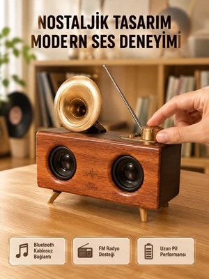 Renas Store Nostaljik Gramofon Bluetooth Hoparlör – Fm Radyo + USB + Sd Kart Destekli