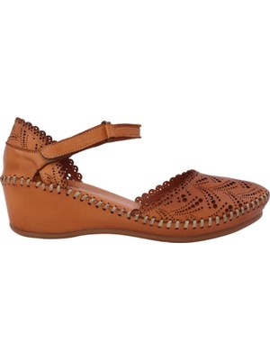 Kadın Hakiki Deri Lazer Kesim Dolgu Topuk Sandalet Camel - Albini 26600207Y