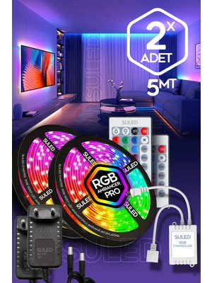 Empressco 5mt x 2'li Set Rgb Duvar Tavan Şerit LED Işık Ambiyans & Sabit 16 Renk Kumandalı Yapışkanlı 10 Metre