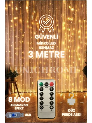 Empressco 300 Ledli 10 Sarkıt Perde LED Işık Yılbaşı Oda Dekorasyon 8 Fonksiyon, Kumandalı, 3x3 Mt, Düz Askı
