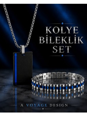 Voyage Accessory Paslanmaz Çelik Mavi Renk Detaylı Erkek Bilelik Kolye Set