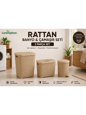 Lorempbox 3’lü Rattan Banyo & Çamaşır Seti – Kapaklı Çamaşır Sepeti + Deterjan Kutusu + Pedallı Çöp Kovası – Krem