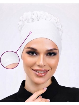 Alivascarf Kaymayan Fırfırlı Silikonlu Dikişsiz Kaymaz Bone Kadın Tesettür Bağlamalı Iç Bone Beyaz
