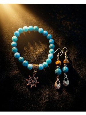 Ayre Style Mystic Elegance Apatit Doğal Taş Takı Seti – Kaplan Gözü & Hematit Detaylı Sallantılı Küpe ve 8mm Bileklik, El Yapımı Bohem Kadın Aksesuar