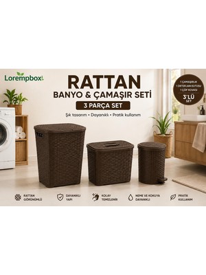 Lorempbox 3’lü Rattan Banyo & Çamaşır Seti – Kapaklı Çamaşır Sepeti + Deterjan Kutusu + Pedallı Çöp Kovası
