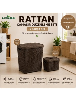 Lorempbox 2’li Rattan Çamaşır Düzenleme Seti – 55 L Kapaklı Çamaşır Sepeti + 10 L Deterjan Kutusu – Koyu Kahve