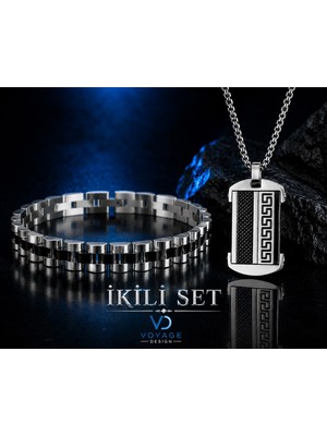 Voyage Accessory Paslanmaz Çelik Siyah Gümüş Renk Bileklik Grek Desen Kolye Set